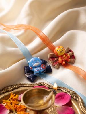 set of 2 superhero kids rakhi with roli chawal chandan mishri 2