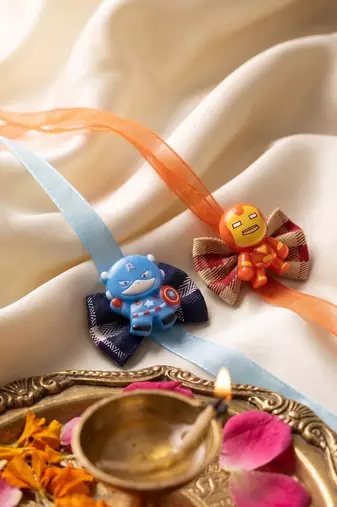 set of 2 superhero kids rakhi with roli chawal chandan mishri