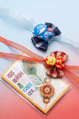 set of 2 superhero kids rakhi with roli chawal chandan mishri