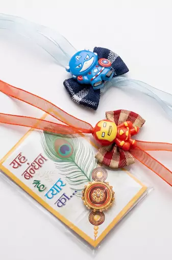 set of 2 superhero kids rakhi with roli chawal chandan mishri