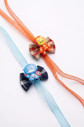 set of 2 superhero kids rakhi with roli chawal chandan mishri