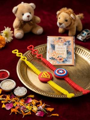 set of 2 superhero kids rakhi with roli chawal chandan mishri 1