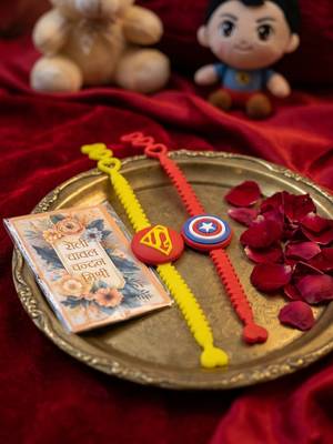 set of 2 superhero kids rakhi with roli chawal chandan mishri 4