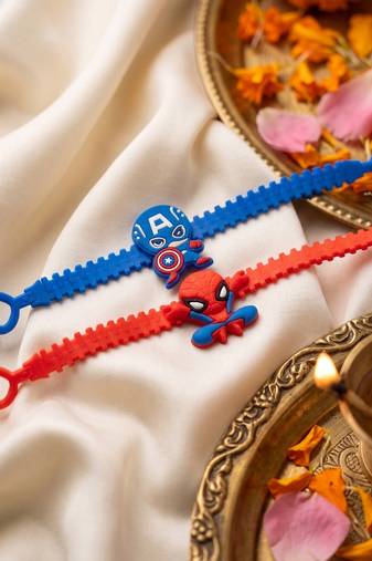 set of 2 superhero kids rakhi with roli chawal chandan mishri