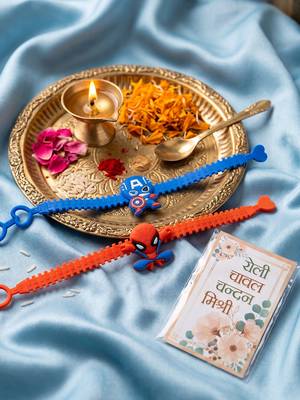 set of 2 superhero kids rakhi with roli chawal chandan mishri 2