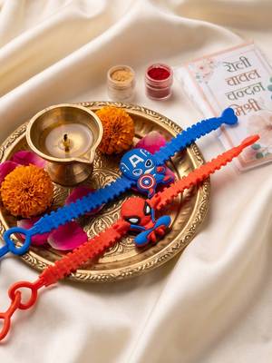 set of 2 superhero kids rakhi with roli chawal chandan mishri 3