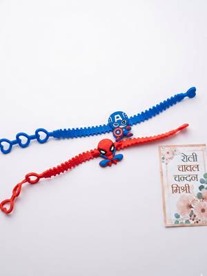 set of 2 superhero kids rakhi with roli chawal chandan mishri 4