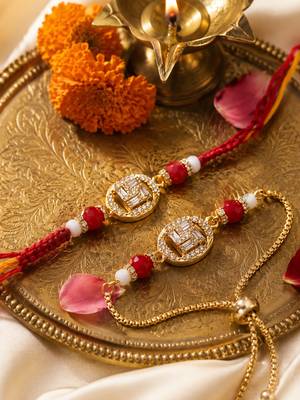 set of 2 artificial stones & beads swastik bhaiya bhabhi rakhi with roli chawal 1