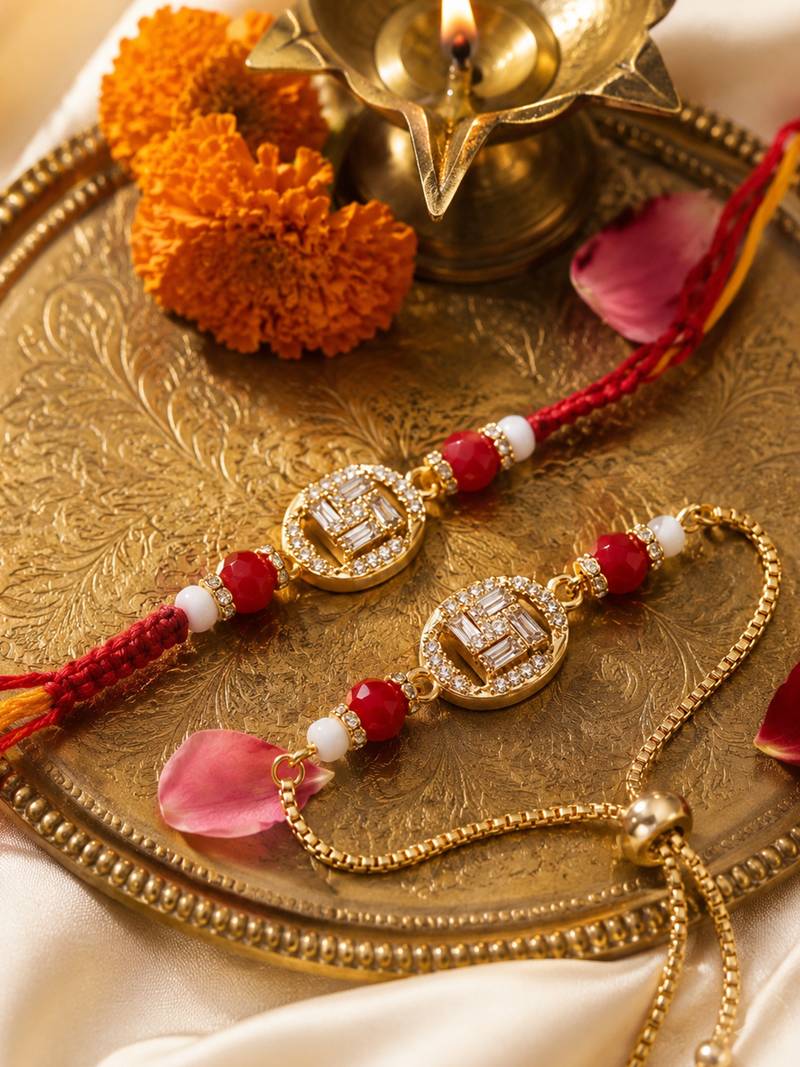 set of 2 artificial stones & beads swastik bhaiya bhabhi rakhi with roli chawal