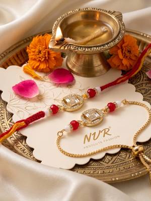set of 2 artificial stones & beads swastik bhaiya bhabhi rakhi with roli chawal 2