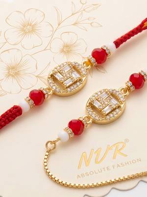set of 2 artificial stones & beads swastik bhaiya bhabhi rakhi with roli chawal 3