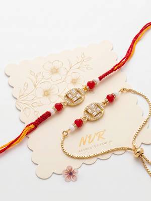 set of 2 artificial stones & beads swastik bhaiya bhabhi rakhi with roli chawal 4