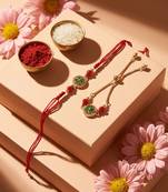 set of 2 ad drawstring bhaiya bhabhi rakhi with roli chawal chandan mishri