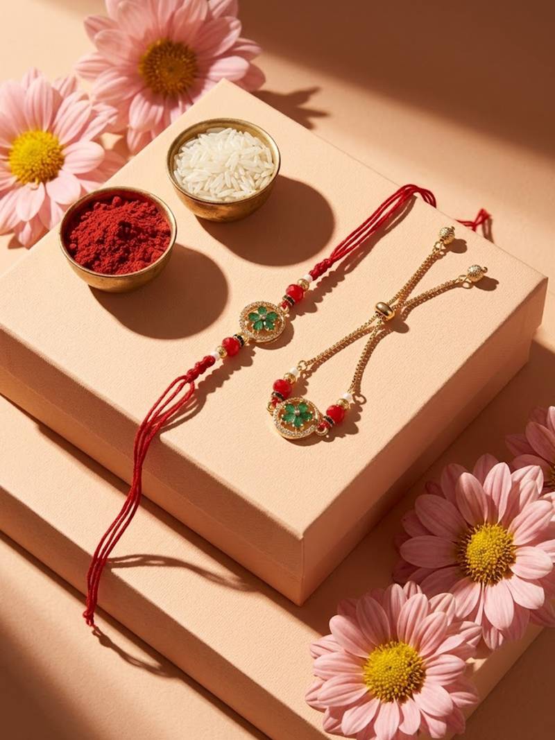 set of 2 ad drawstring bhaiya bhabhi rakhi with roli chawal chandan mishri