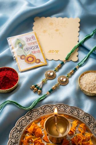 set of 2 ad drawstring bhaiya bhabhi rakhi with roli chawal chandan mishri