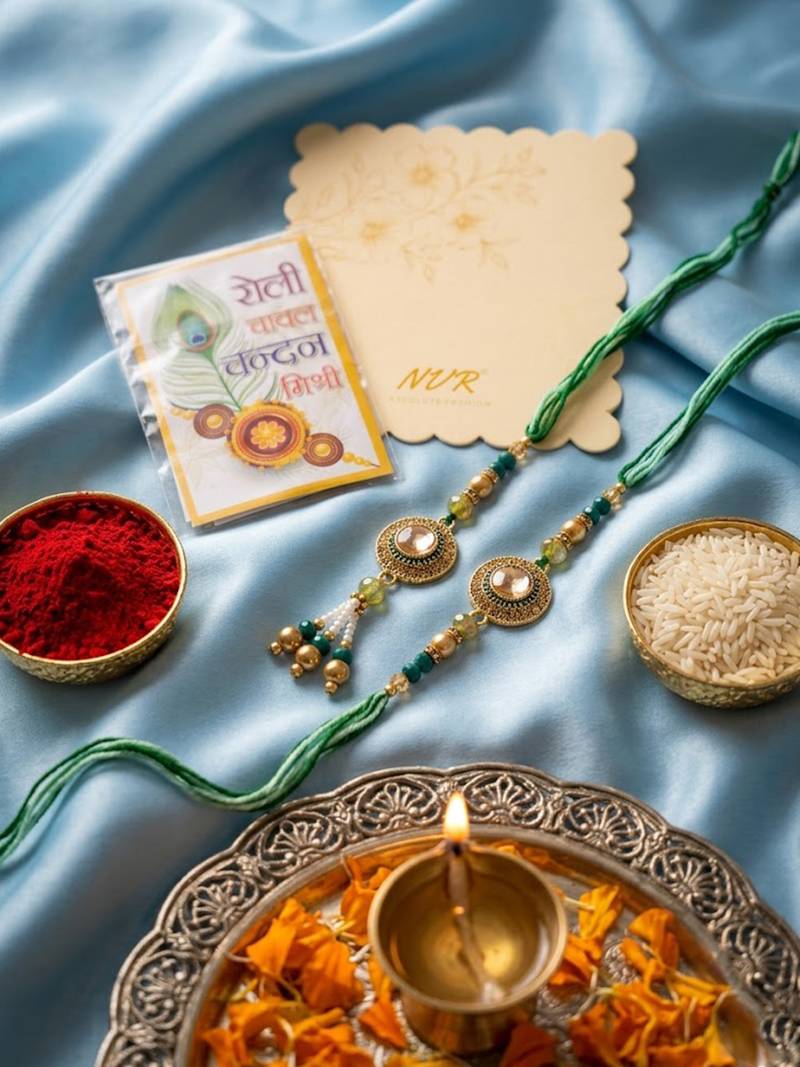 set of 2 ad drawstring bhaiya bhabhi rakhi with roli chawal chandan mishri