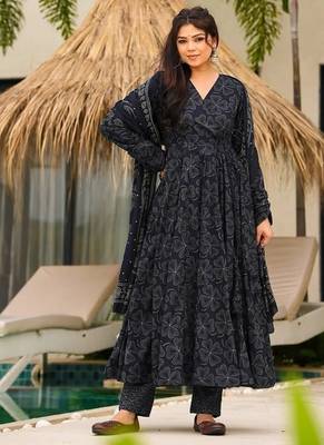 Floral printed muslin v neck navy-blue anarkali set 1