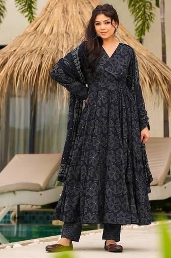 Floral printed muslin v neck navy-blue anarkali set