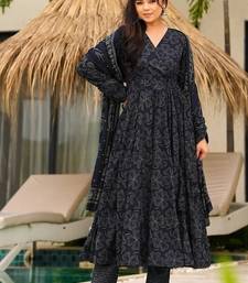 Floral printed muslin v neck navy-blue anarkali set