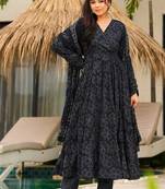 Floral printed muslin v neck navy-blue anarkali set