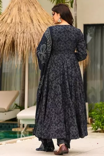 Floral printed muslin v neck navy-blue anarkali set