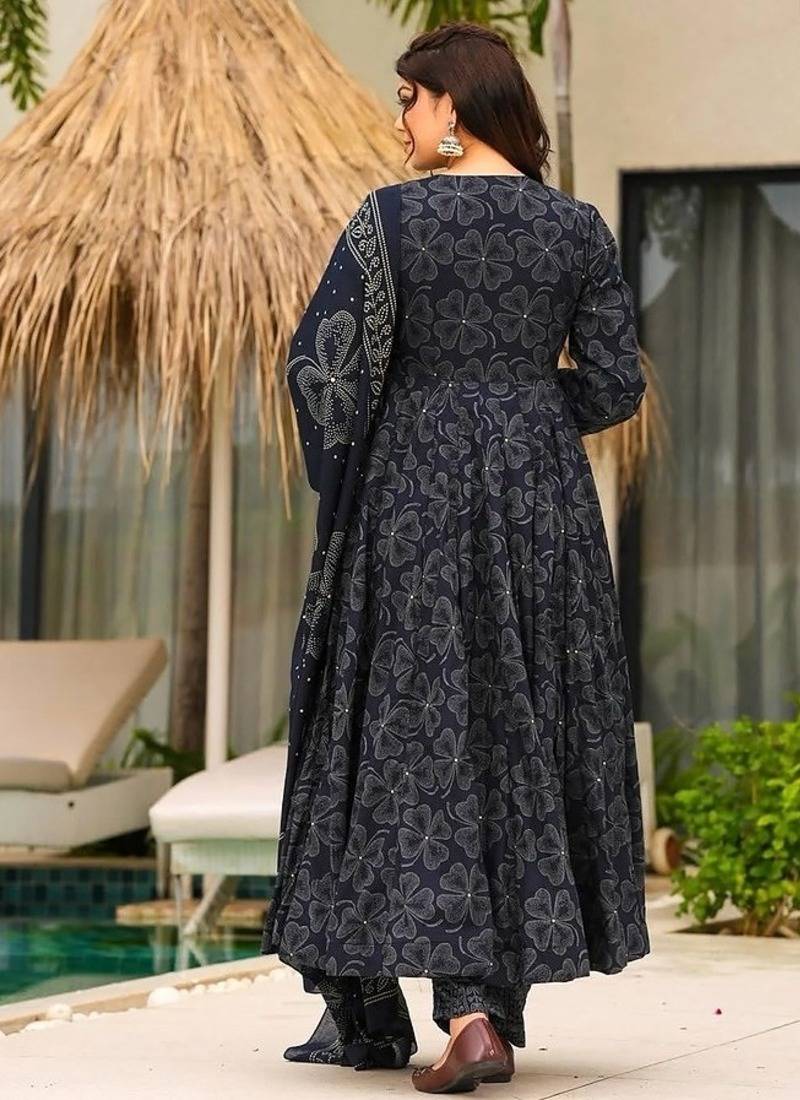 Floral printed muslin v neck navy-blue anarkali set