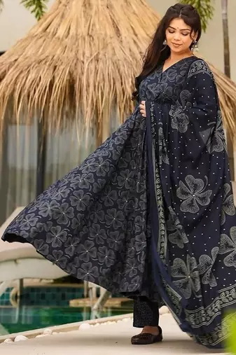 Floral printed muslin v neck navy-blue anarkali set
