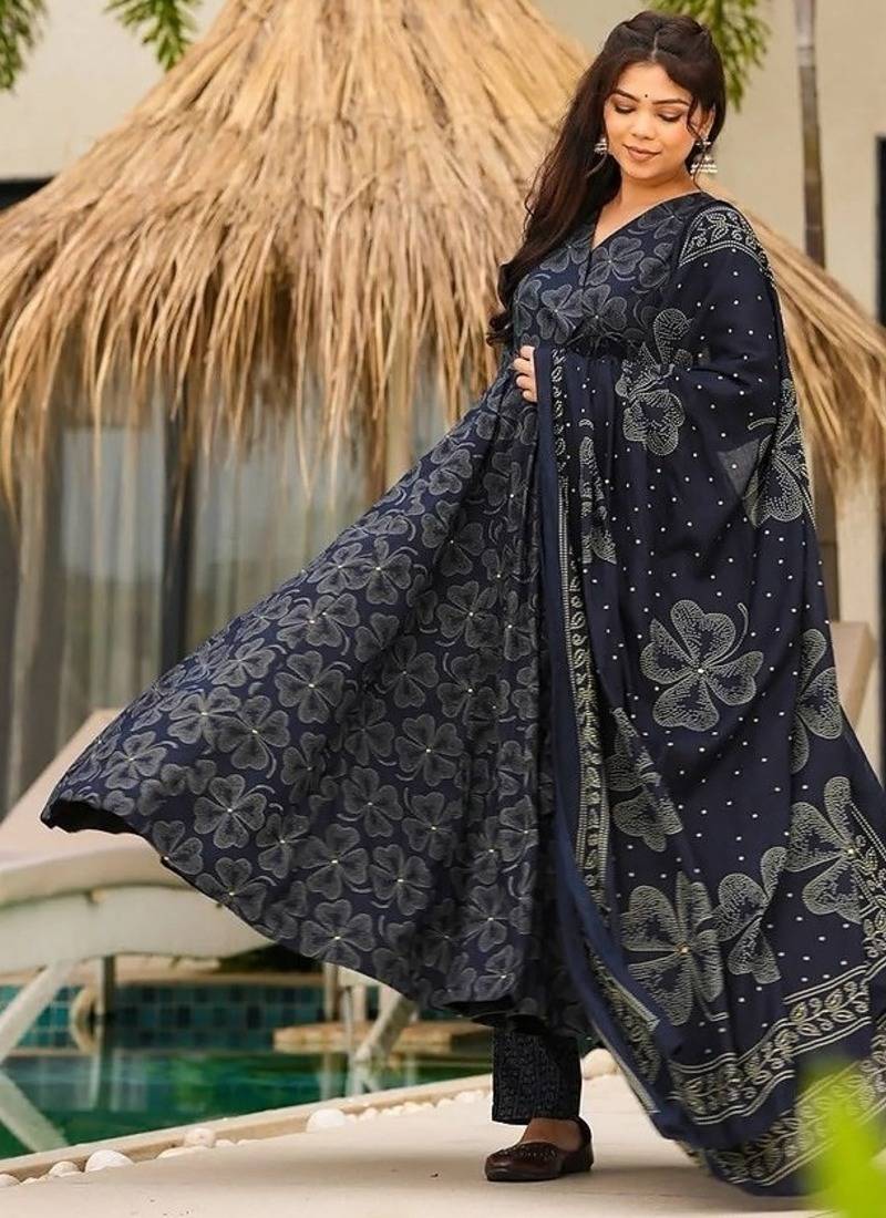 Floral printed muslin v neck navy-blue anarkali set