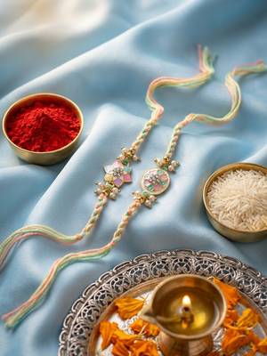 set of 2 meenakari floral thread rakhi with roli chawal chandan mishri 1