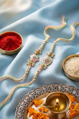 set of 2 meenakari floral thread rakhi with roli chawal chandan mishri