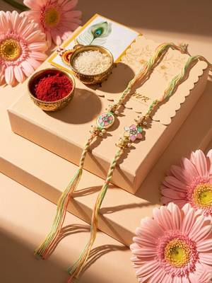 set of 2 meenakari floral thread rakhi with roli chawal chandan mishri 2