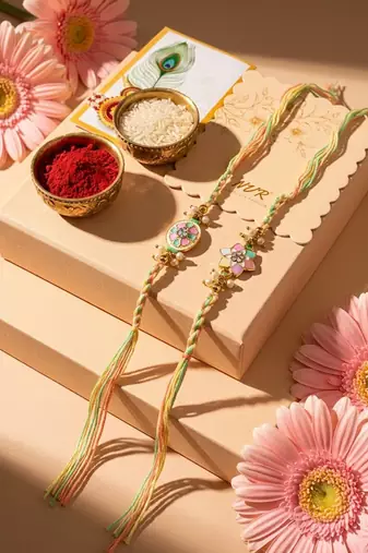 set of 2 meenakari floral thread rakhi with roli chawal chandan mishri