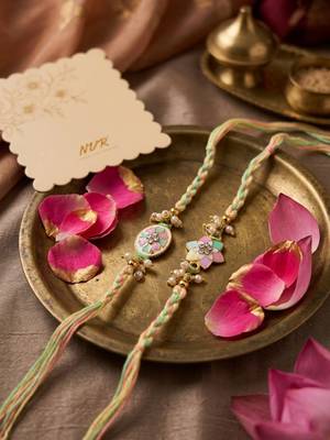 set of 2 meenakari floral thread rakhi with roli chawal chandan mishri 3