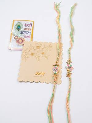 set of 2 meenakari floral thread rakhi with roli chawal chandan mishri 4