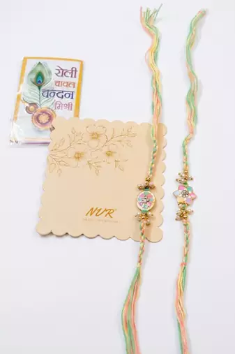 set of 2 meenakari floral thread rakhi with roli chawal chandan mishri