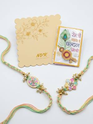 set of 2 meenakari floral thread rakhi with roli chawal chandan mishri 5