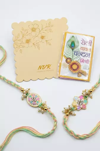 set of 2 meenakari floral thread rakhi with roli chawal chandan mishri