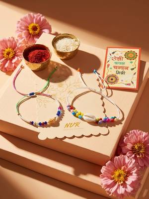 set of 2 artificial beads thread rakhi with roli chawal chandan mishri 1