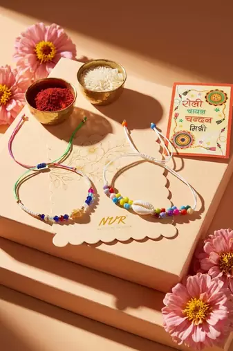 set of 2 artificial beads thread rakhi with roli chawal chandan mishri