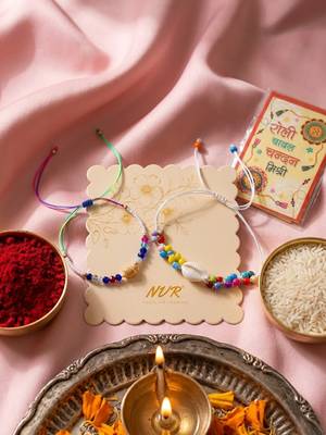 set of 2 artificial beads thread rakhi with roli chawal chandan mishri 2