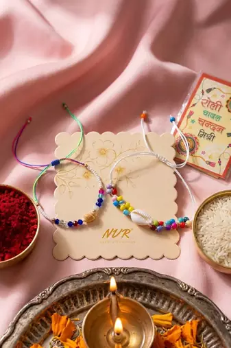 set of 2 artificial beads thread rakhi with roli chawal chandan mishri