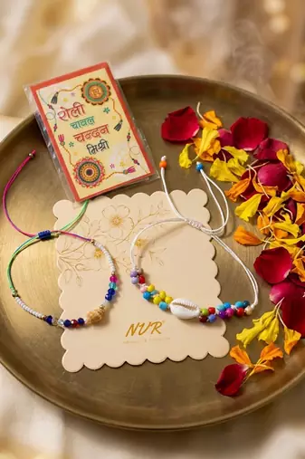 set of 2 artificial beads thread rakhi with roli chawal chandan mishri