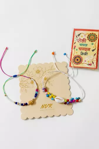 set of 2 artificial beads thread rakhi with roli chawal chandan mishri
