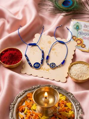 set of 2 blue evil eye thread rakhi with roli chawal chandan mishri 2