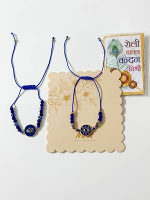 set of 2 blue evil eye thread rakhi with roli chawal chandan mishri 4