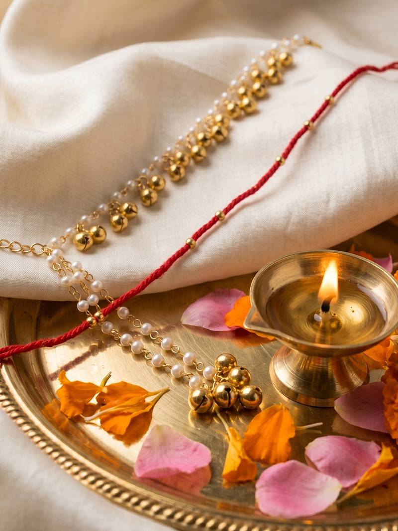 set of 2 pearls gold toned bhaiya bhabhi rakhi with roli chawal chandan mishri