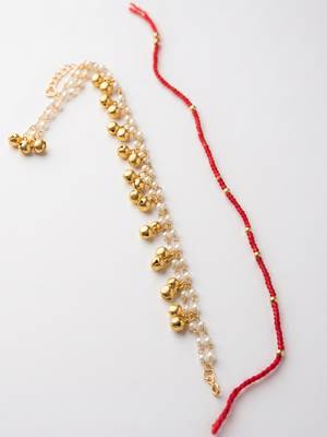 set of 2 pearls gold toned bhaiya bhabhi rakhi with roli chawal chandan mishri 2