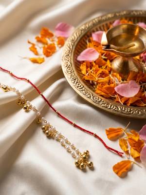 set of 2 pearls gold toned bhaiya bhabhi rakhi with roli chawal chandan mishri 3