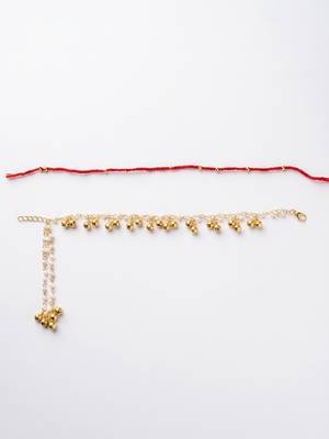 set of 2 pearls gold toned bhaiya bhabhi rakhi with roli chawal chandan mishri 4