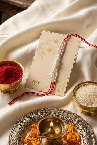 white pearls & red thread rakhi with roli chawal chandan mishri